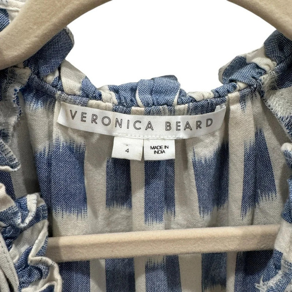 Veronica Beard Zee Ikat Grid Ruffle Tiered Flutter Sleeve Wht Blu Mini Dress Sz4 - Picture 9 of 15